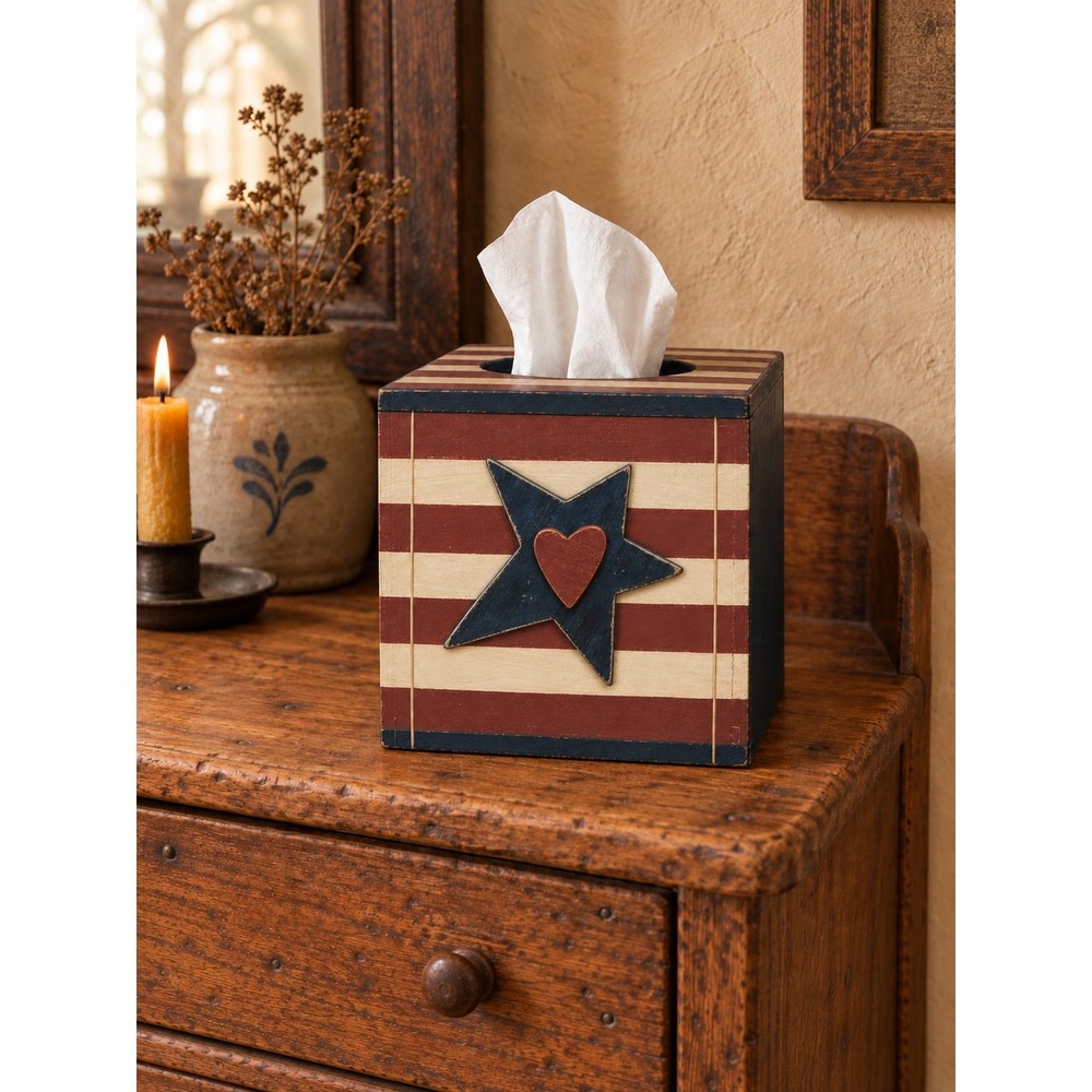 Primitive Americana Wood Tissue Box Cover Red White Blue Patriotic Folk Art 6x6